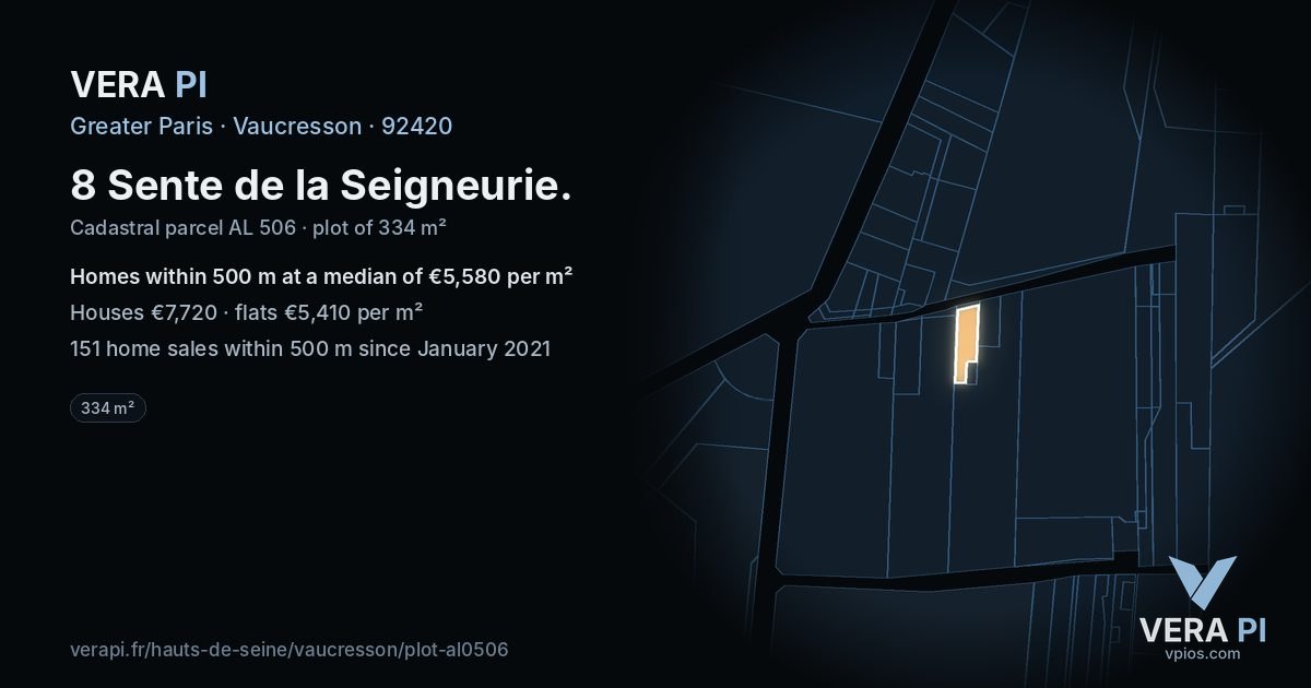 8 Sente de la Seigneurie, Vaucresson at night – the plot lit, the parcels around coloured by the prices near them