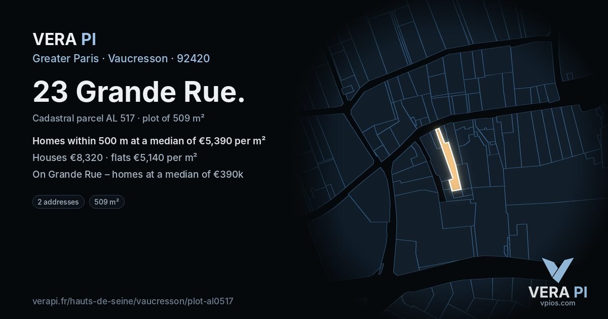 23 Grande Rue, Vaucresson at night – the plot lit, the parcels around coloured by the prices near them