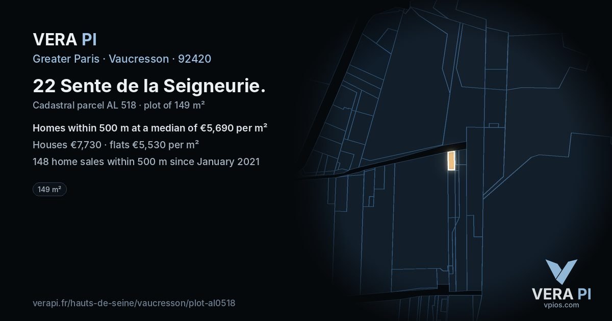 22 Sente de la Seigneurie, Vaucresson at night – the plot lit, the parcels around coloured by the prices near them