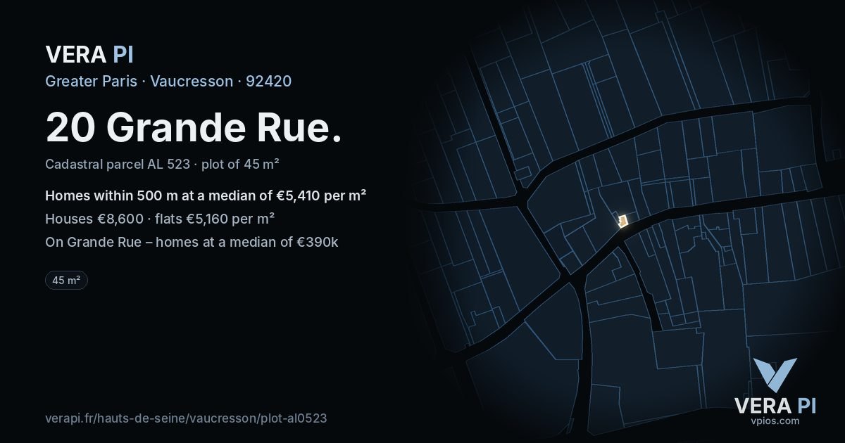 20 Grande Rue, Vaucresson at night – the plot lit, the parcels around coloured by the prices near them