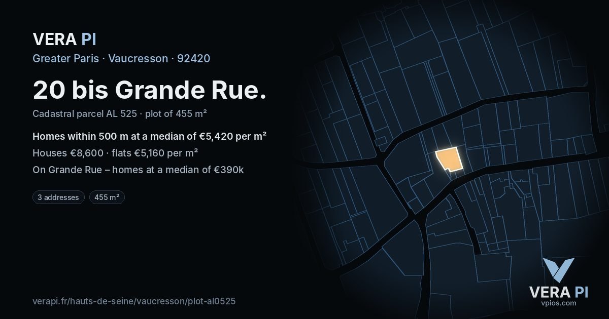 20 bis Grande Rue, Vaucresson at night – the plot lit, the parcels around coloured by the prices near them