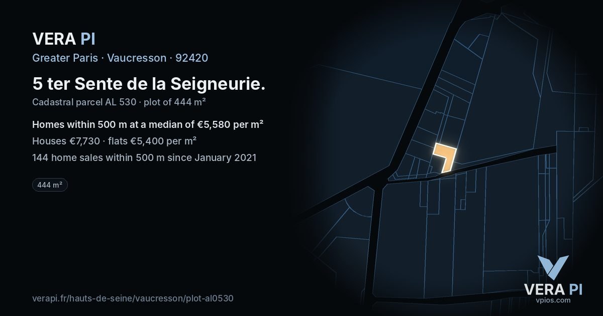5 ter Sente de la Seigneurie, Vaucresson at night – the plot lit, the parcels around coloured by the prices near them