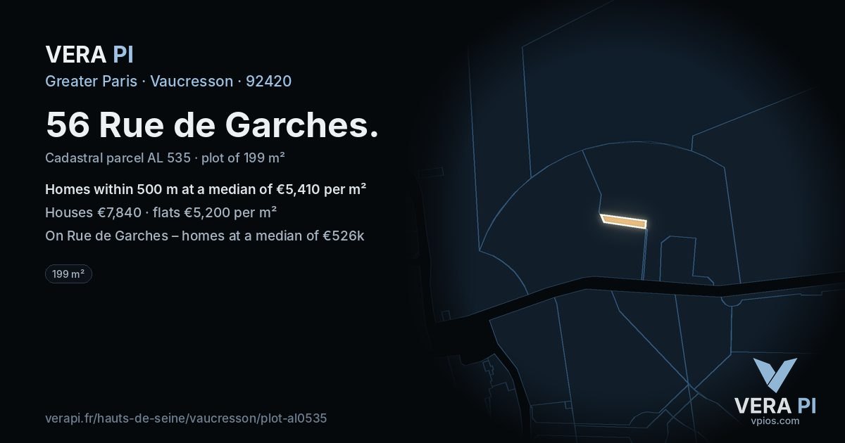 56 Rue de Garches, Vaucresson at night – the plot lit, the parcels around coloured by the prices near them