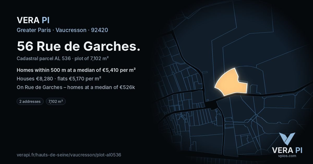56 Rue de Garches, Vaucresson at night – the plot lit, the parcels around coloured by the prices near them