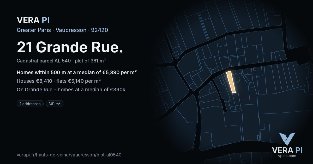 21 Grande Rue, Vaucresson at night – the plot lit, the parcels around coloured by the prices near them