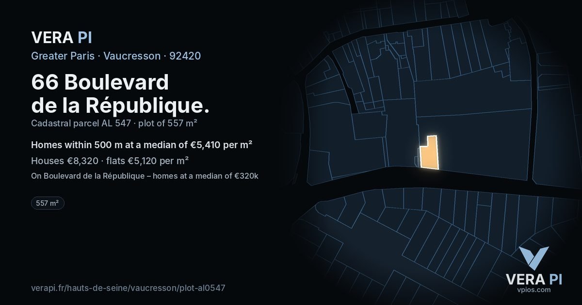 66 Boulevard de la République, Vaucresson at night – the plot lit, the parcels around coloured by the prices near them