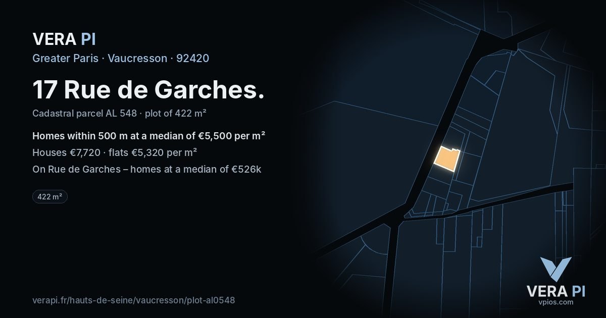 17 Rue de Garches, Vaucresson at night – the plot lit, the parcels around coloured by the prices near them