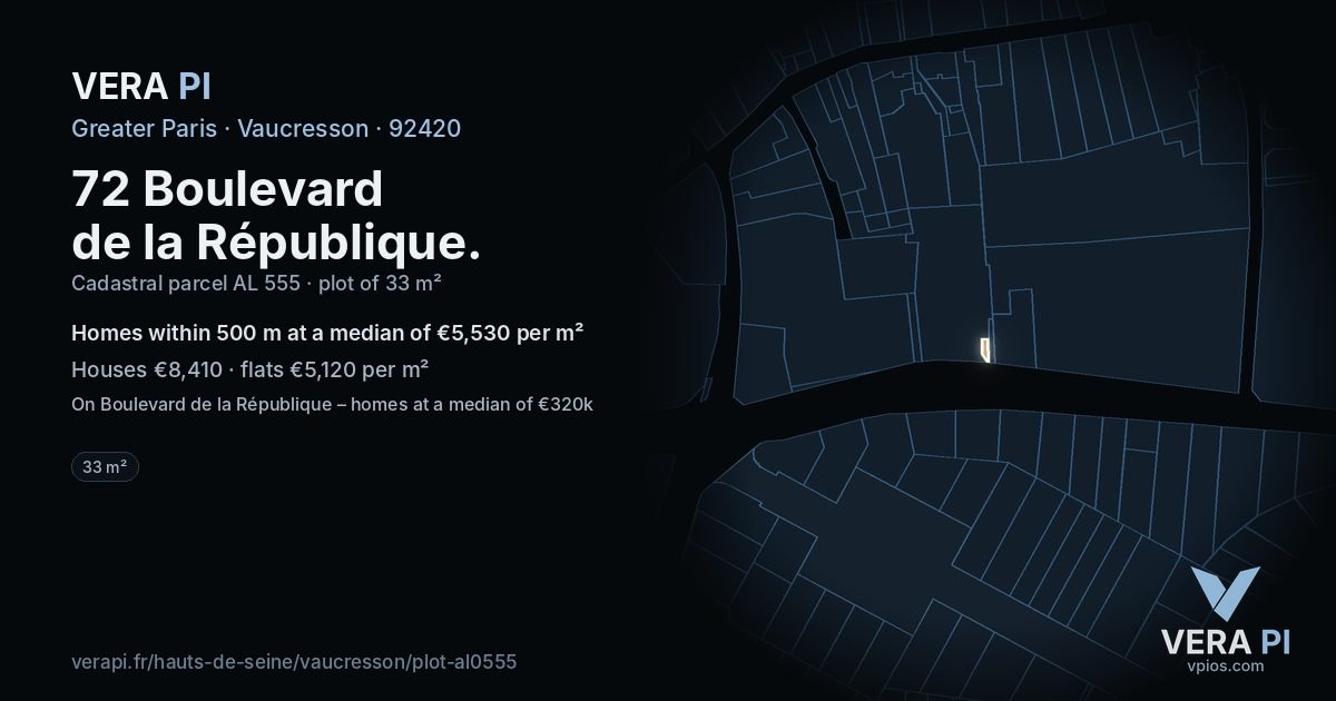 72 Boulevard de la République, Vaucresson at night – the plot lit, the parcels around coloured by the prices near them