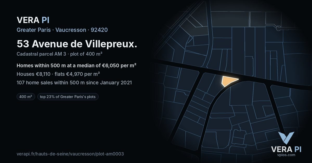 53 Avenue de Villepreux, Vaucresson at night – the plot lit, the parcels around coloured by the prices near them