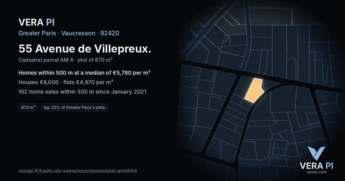 55 Avenue de Villepreux, Vaucresson at night – the plot lit, the parcels around coloured by the prices near them