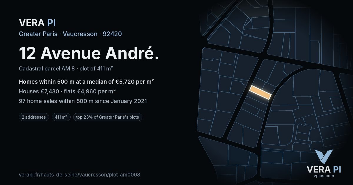 12 Avenue André, Vaucresson at night – the plot lit, the parcels around coloured by the prices near them