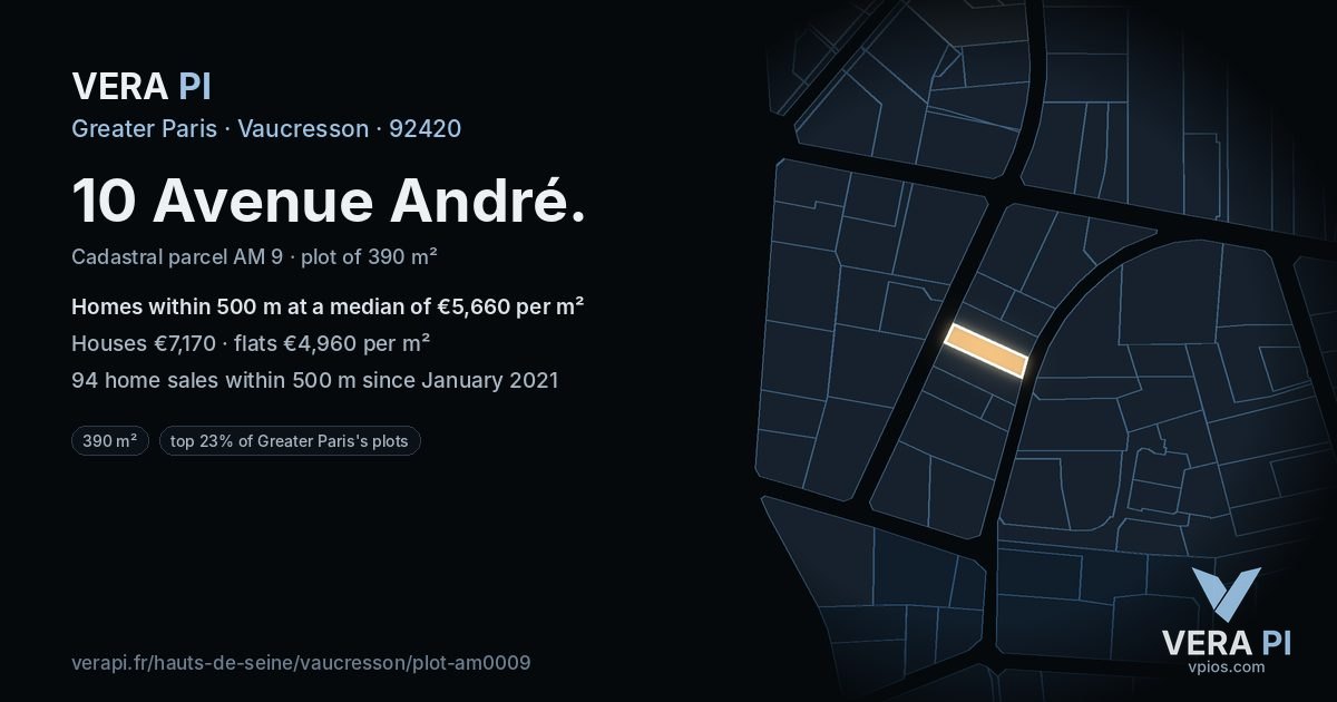 10 Avenue André, Vaucresson at night – the plot lit, the parcels around coloured by the prices near them