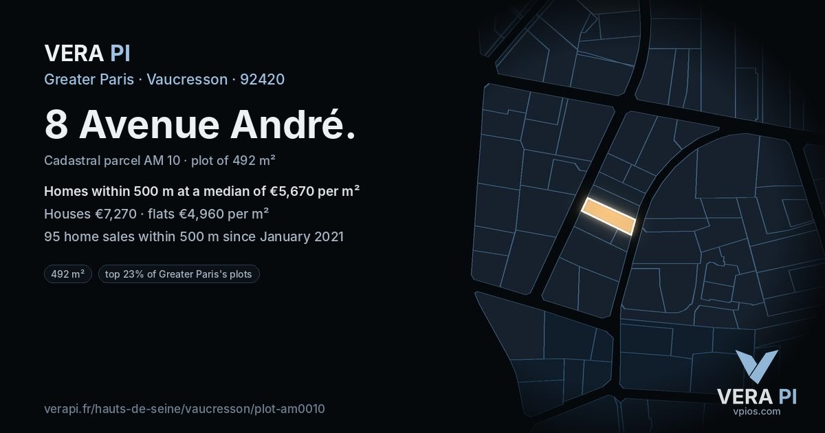 8 Avenue André, Vaucresson at night – the plot lit, the parcels around coloured by the prices near them