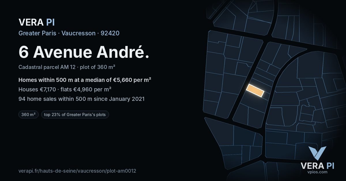 6 Avenue André, Vaucresson at night – the plot lit, the parcels around coloured by the prices near them