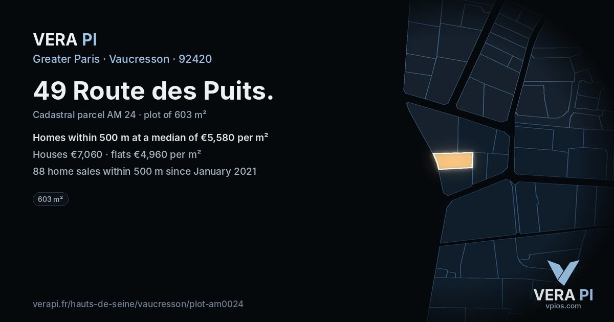 49 Route des Puits, Vaucresson at night – the plot lit, the parcels around coloured by the prices near them