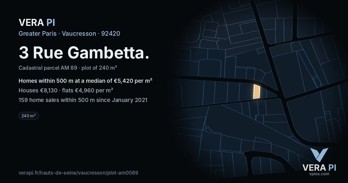 3 Rue Gambetta, Vaucresson at night – the plot lit, the parcels around coloured by the prices near them