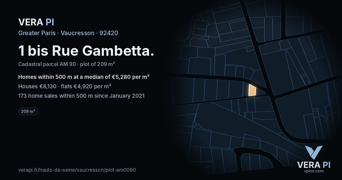 1 bis Rue Gambetta, Vaucresson at night – the plot lit, the parcels around coloured by the prices near them