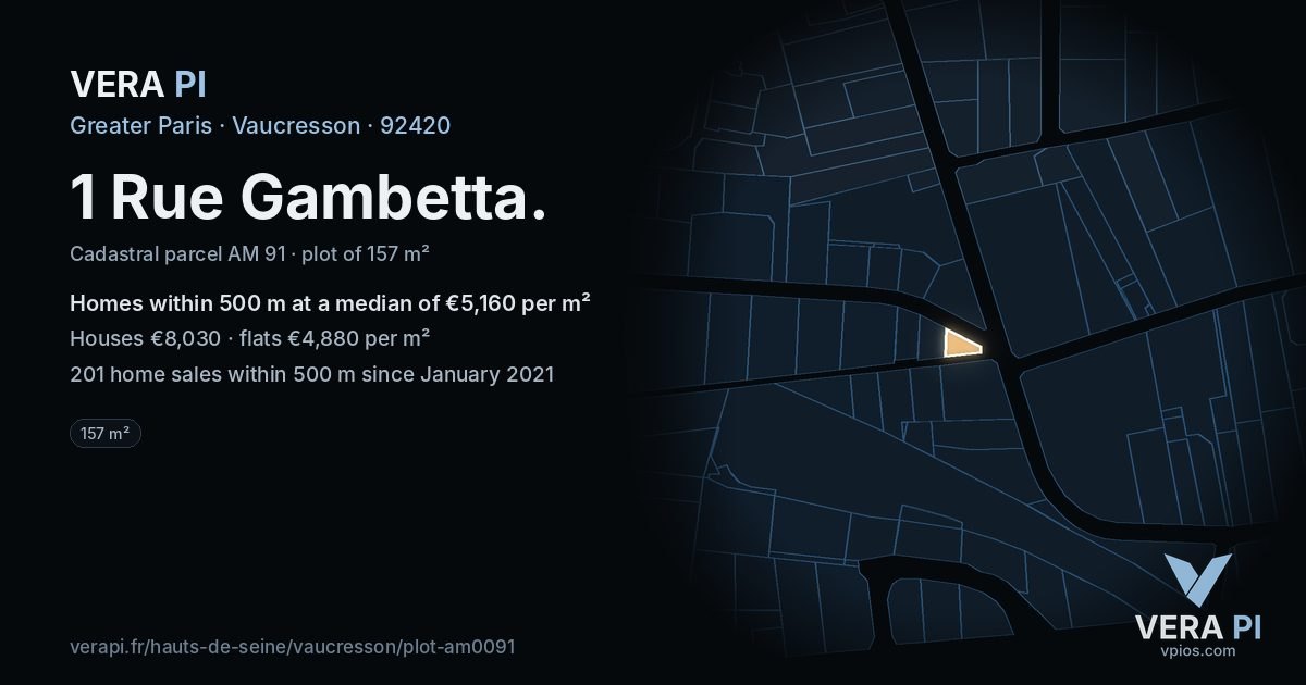 1 Rue Gambetta, Vaucresson at night – the plot lit, the parcels around coloured by the prices near them