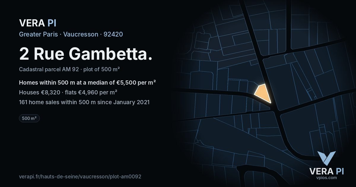 2 Rue Gambetta, Vaucresson at night – the plot lit, the parcels around coloured by the prices near them