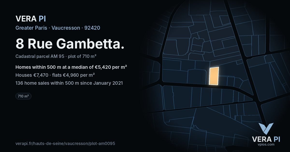 8 Rue Gambetta, Vaucresson at night – the plot lit, the parcels around coloured by the prices near them
