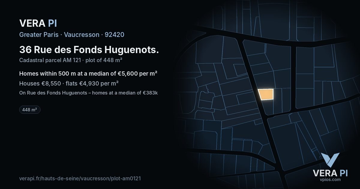 36 Rue des Fonds Huguenots, Vaucresson at night – the plot lit, the parcels around coloured by the prices near them