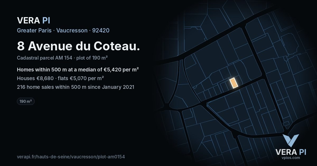 8 Avenue du Coteau, Vaucresson at night – the plot lit, the parcels around coloured by the prices near them
