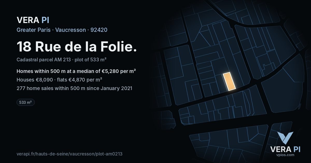 18 Rue de la Folie, Vaucresson at night – the plot lit, the parcels around coloured by the prices near them