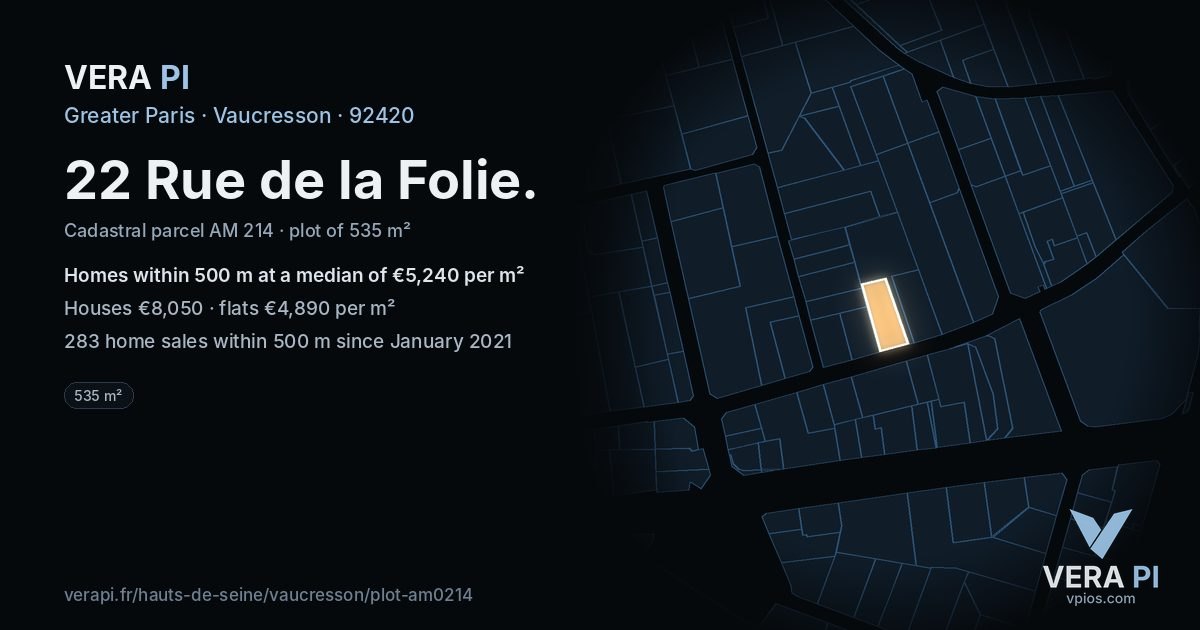 22 Rue de la Folie, Vaucresson at night – the plot lit, the parcels around coloured by the prices near them