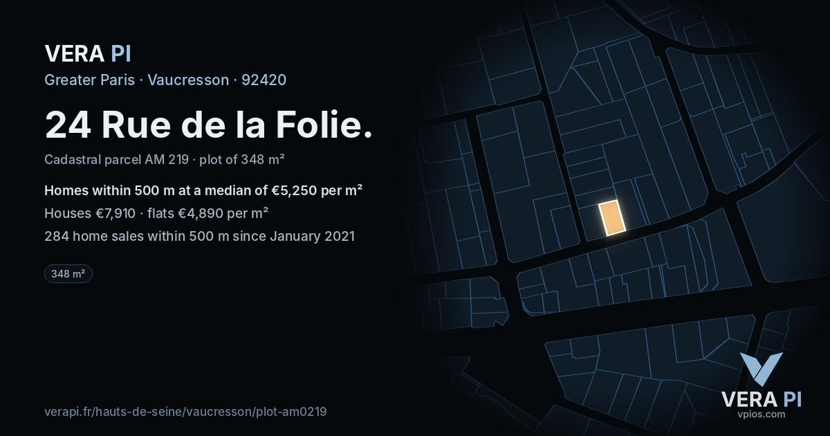 24 Rue de la Folie, Vaucresson at night – the plot lit, the parcels around coloured by the prices near them