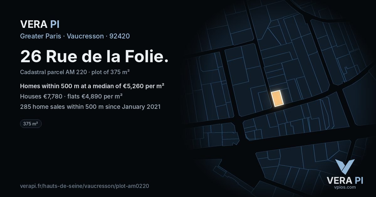 26 Rue de la Folie, Vaucresson at night – the plot lit, the parcels around coloured by the prices near them