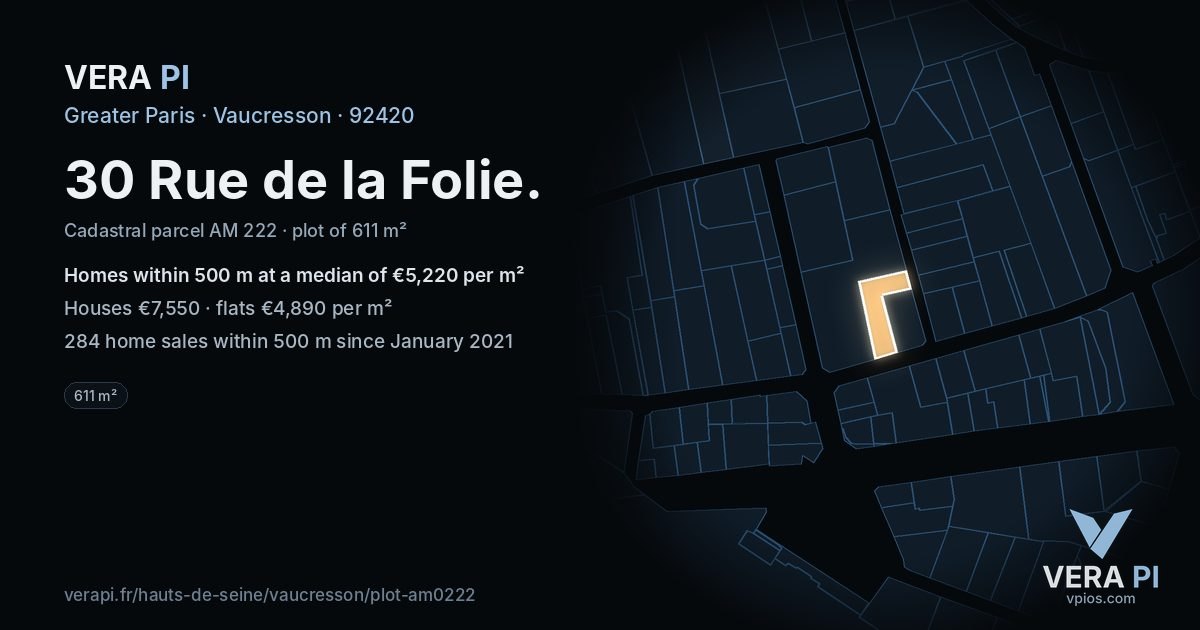 30 Rue de la Folie, Vaucresson at night – the plot lit, the parcels around coloured by the prices near them