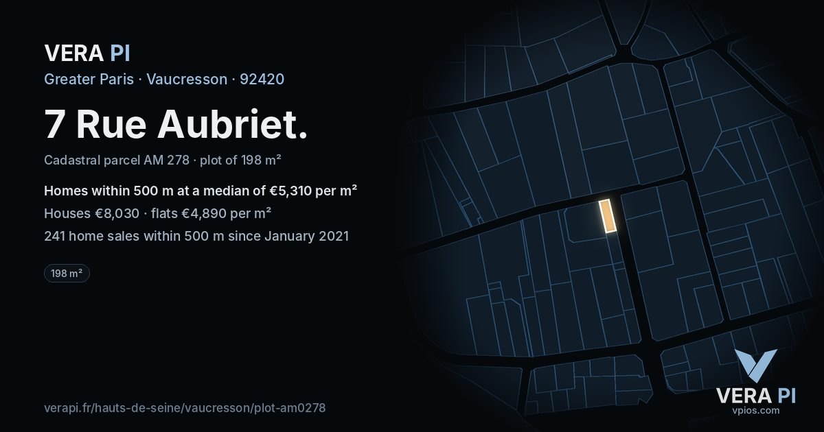7 Rue Aubriet, Vaucresson at night – the plot lit, the parcels around coloured by the prices near them