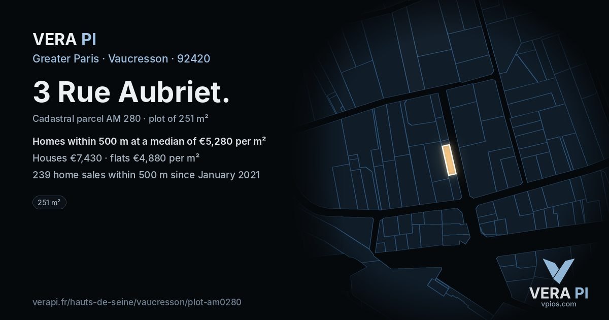 3 Rue Aubriet, Vaucresson at night – the plot lit, the parcels around coloured by the prices near them