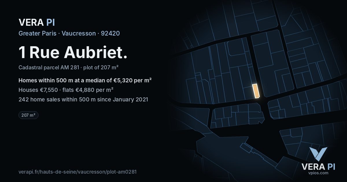 1 Rue Aubriet, Vaucresson at night – the plot lit, the parcels around coloured by the prices near them