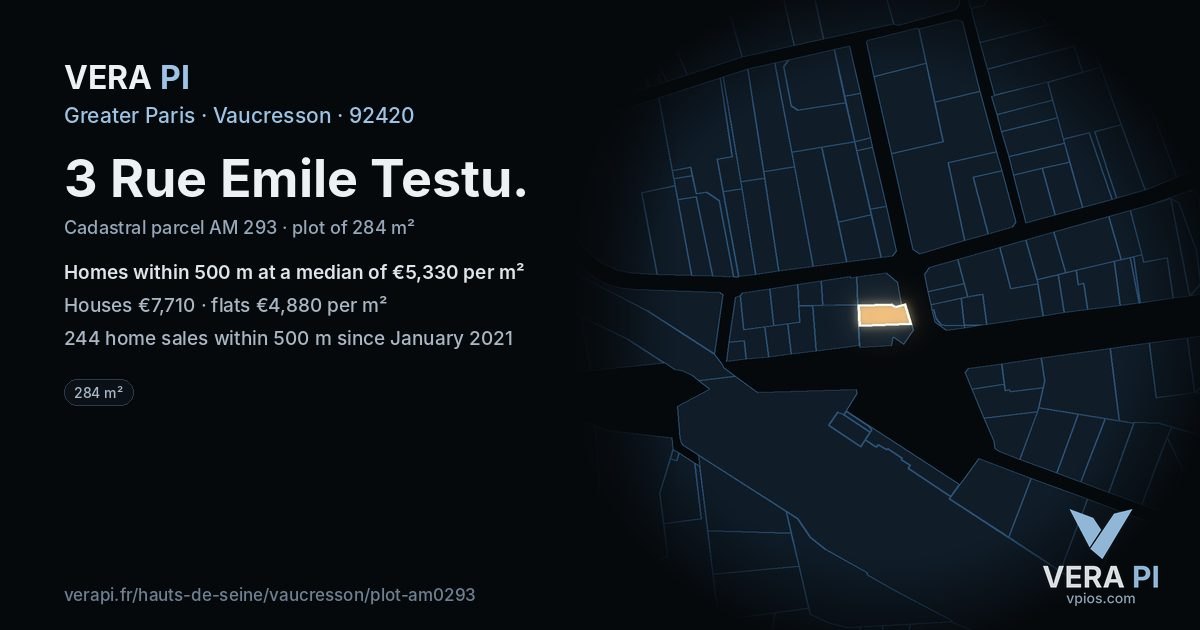 3 Rue Emile Testu, Vaucresson at night – the plot lit, the parcels around coloured by the prices near them