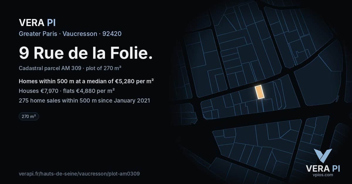 9 Rue de la Folie, Vaucresson at night – the plot lit, the parcels around coloured by the prices near them