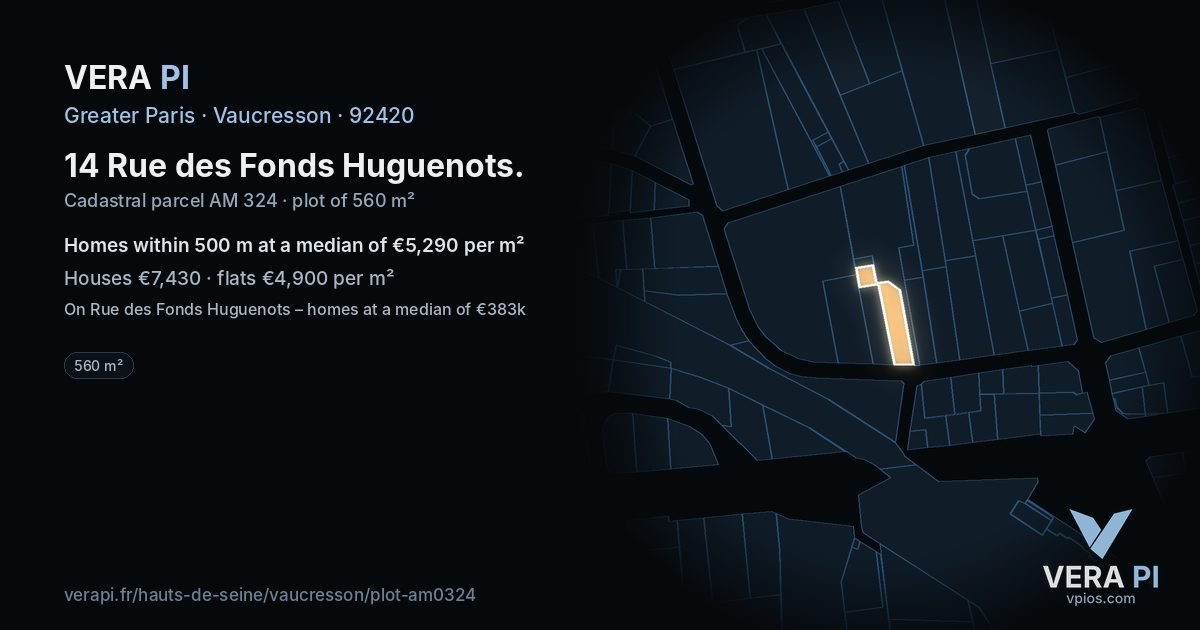 14 Rue des Fonds Huguenots, Vaucresson at night – the plot lit, the parcels around coloured by the prices near them