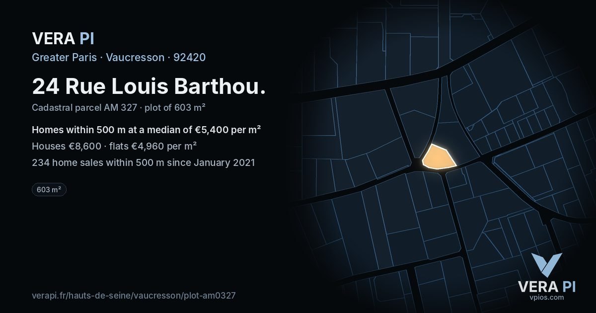 24 Rue Louis Barthou, Vaucresson at night – the plot lit, the parcels around coloured by the prices near them