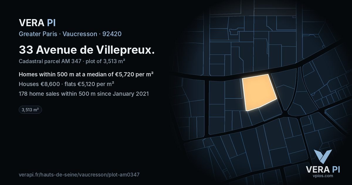 33 Avenue de Villepreux, Vaucresson at night – the plot lit, the parcels around coloured by the prices near them