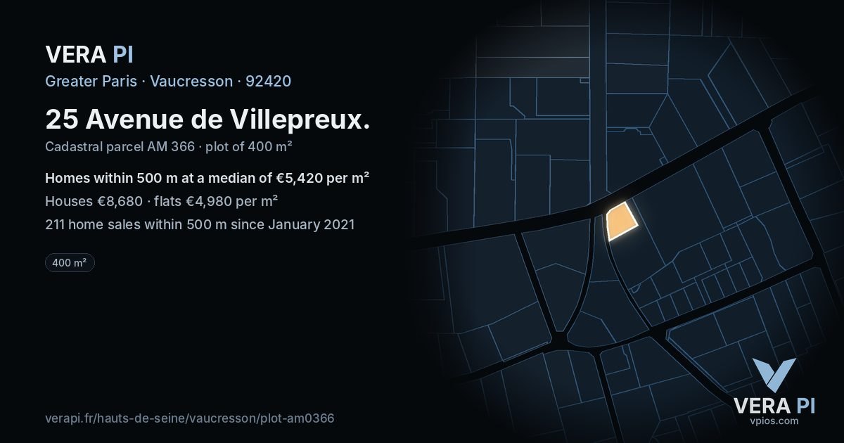 25 Avenue de Villepreux, Vaucresson at night – the plot lit, the parcels around coloured by the prices near them