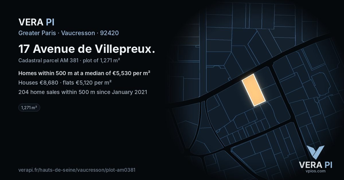 17 Avenue de Villepreux, Vaucresson at night – the plot lit, the parcels around coloured by the prices near them
