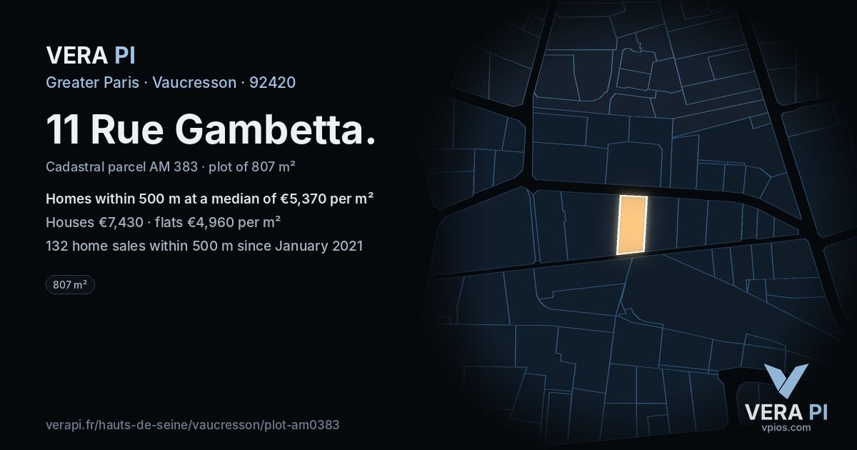 11 Rue Gambetta, Vaucresson at night – the plot lit, the parcels around coloured by the prices near them