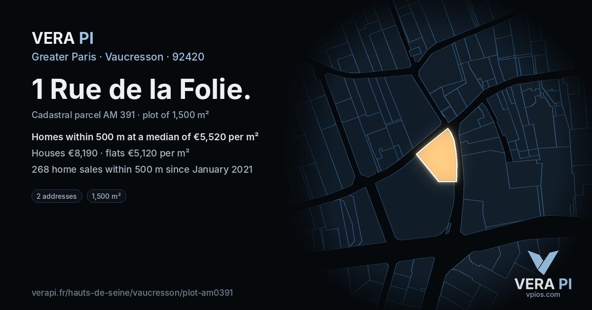 1 Rue de la Folie, Vaucresson at night – the plot lit, the parcels around coloured by the prices near them