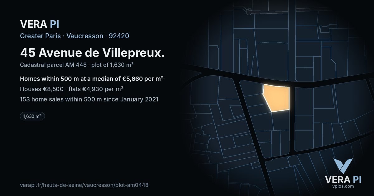 45 Avenue de Villepreux, Vaucresson at night – the plot lit, the parcels around coloured by the prices near them