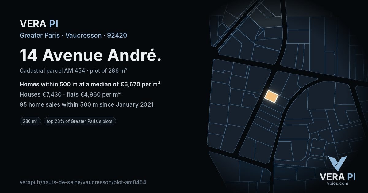 14 Avenue André, Vaucresson at night – the plot lit, the parcels around coloured by the prices near them