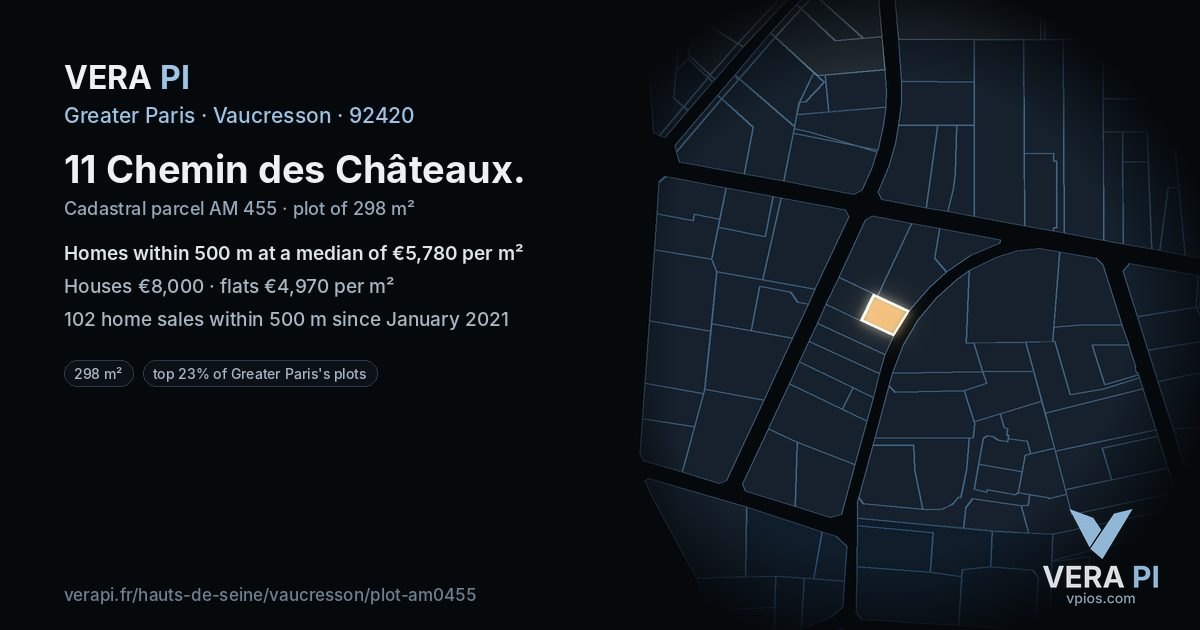 11 Chemin des Châteaux, Vaucresson at night – the plot lit, the parcels around coloured by the prices near them