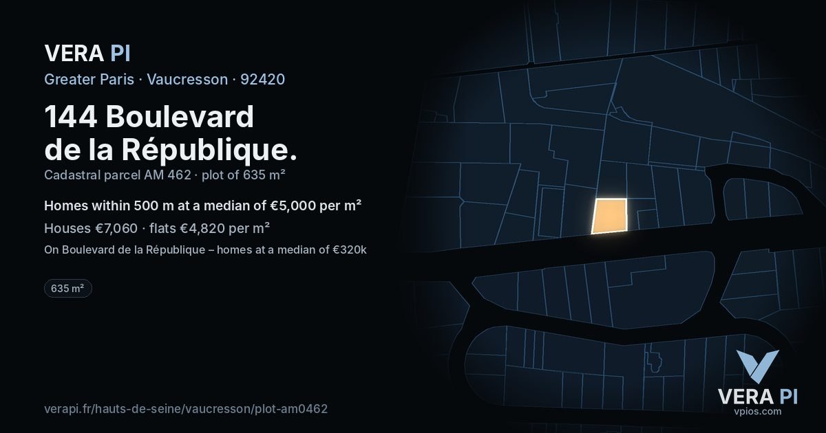144 Boulevard de la République, Vaucresson at night – the plot lit, the parcels around coloured by the prices near them