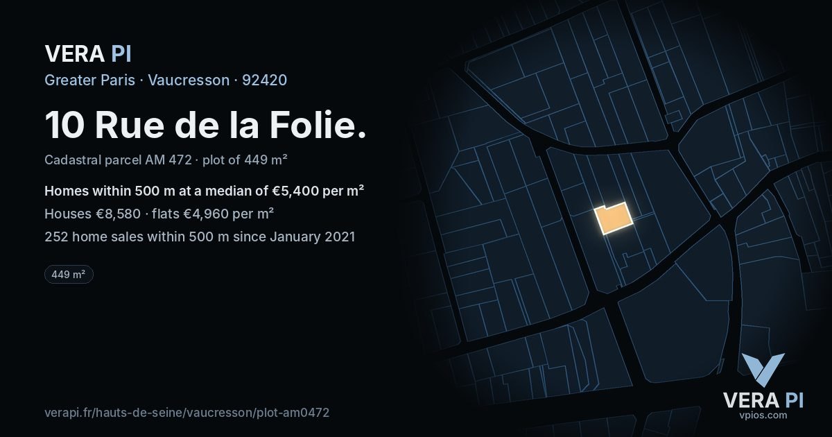 10 Rue de la Folie, Vaucresson at night – the plot lit, the parcels around coloured by the prices near them