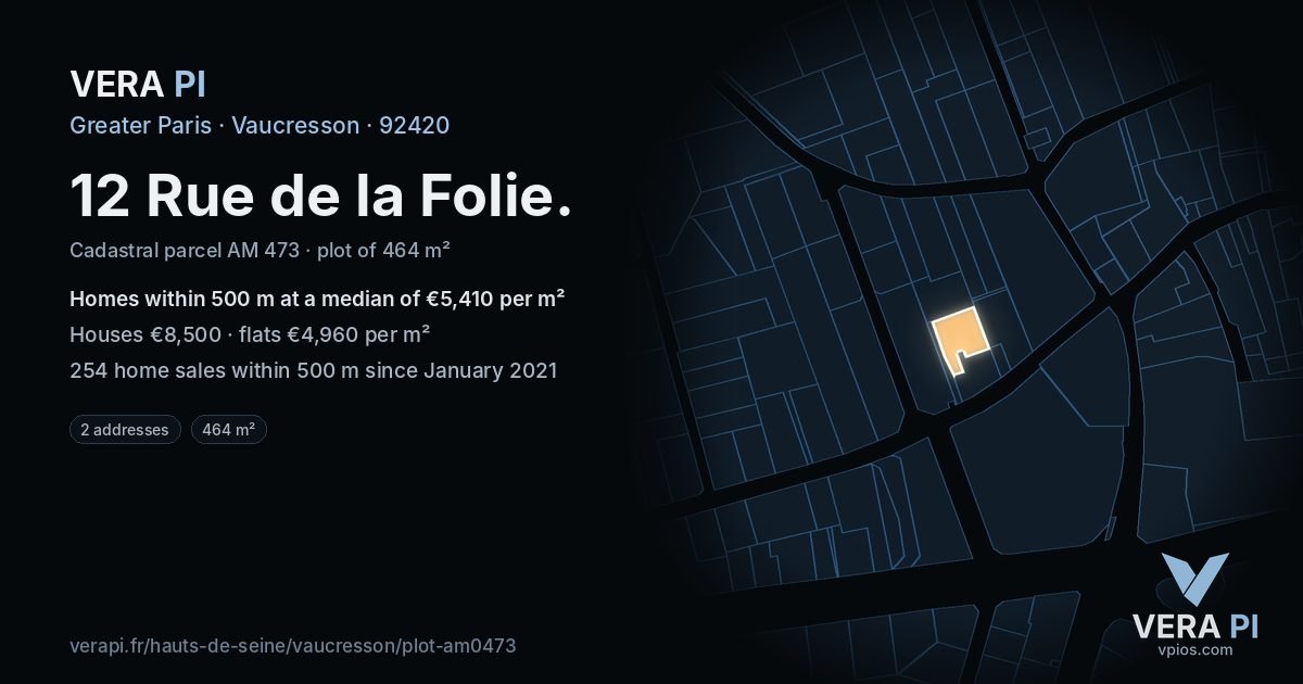 12 Rue de la Folie, Vaucresson at night – the plot lit, the parcels around coloured by the prices near them