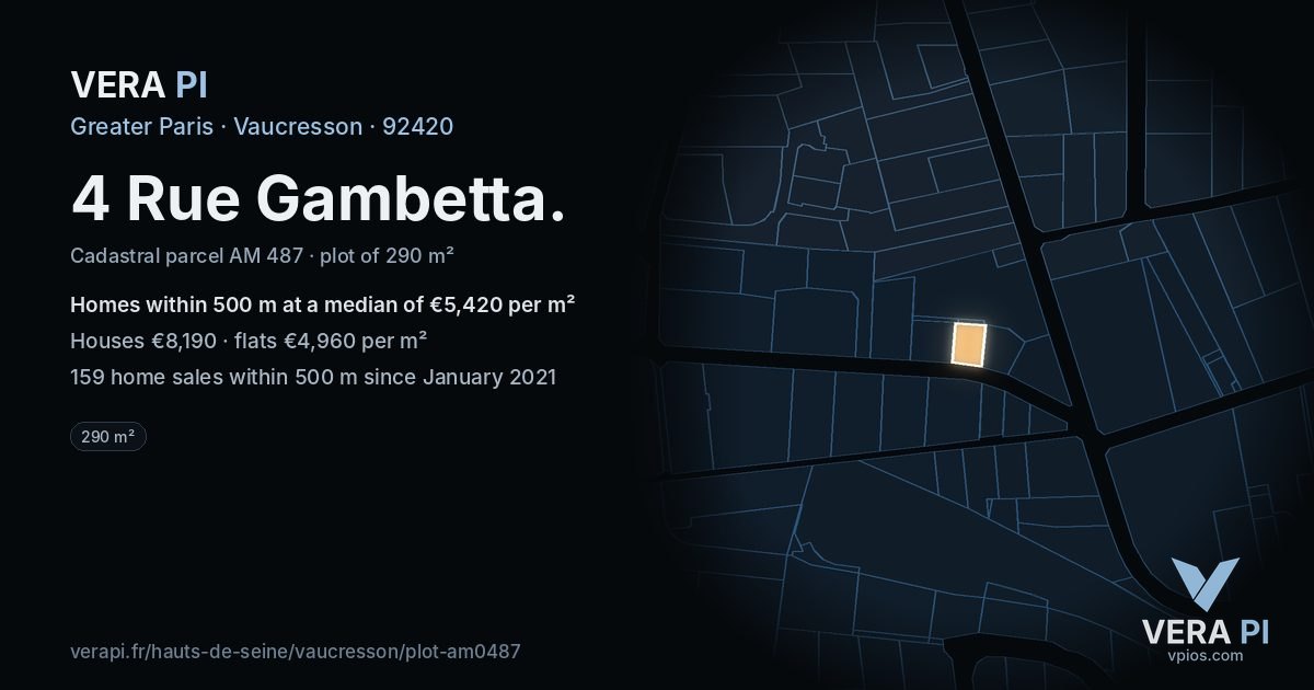 4 Rue Gambetta, Vaucresson at night – the plot lit, the parcels around coloured by the prices near them